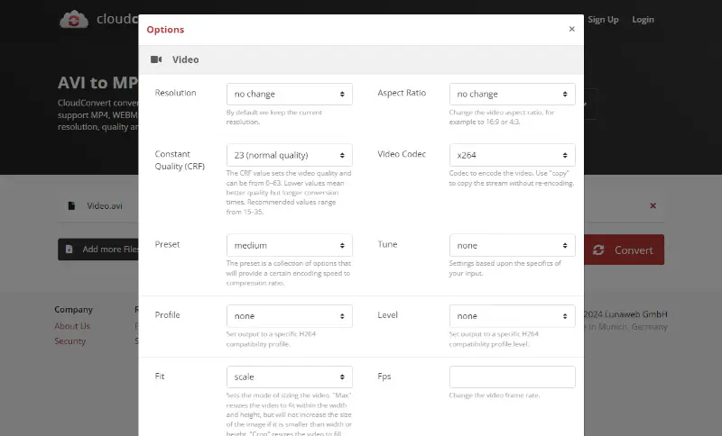 Cloudconvert - настройки конвертации